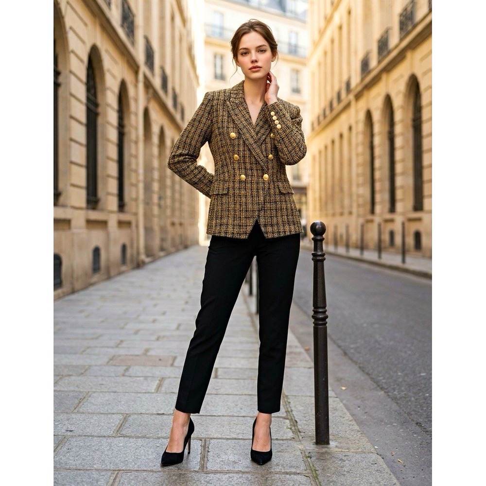 Vintage Elie Tahari Womens Plaid Double Breasted Blazer Black Gold Tweed 8
